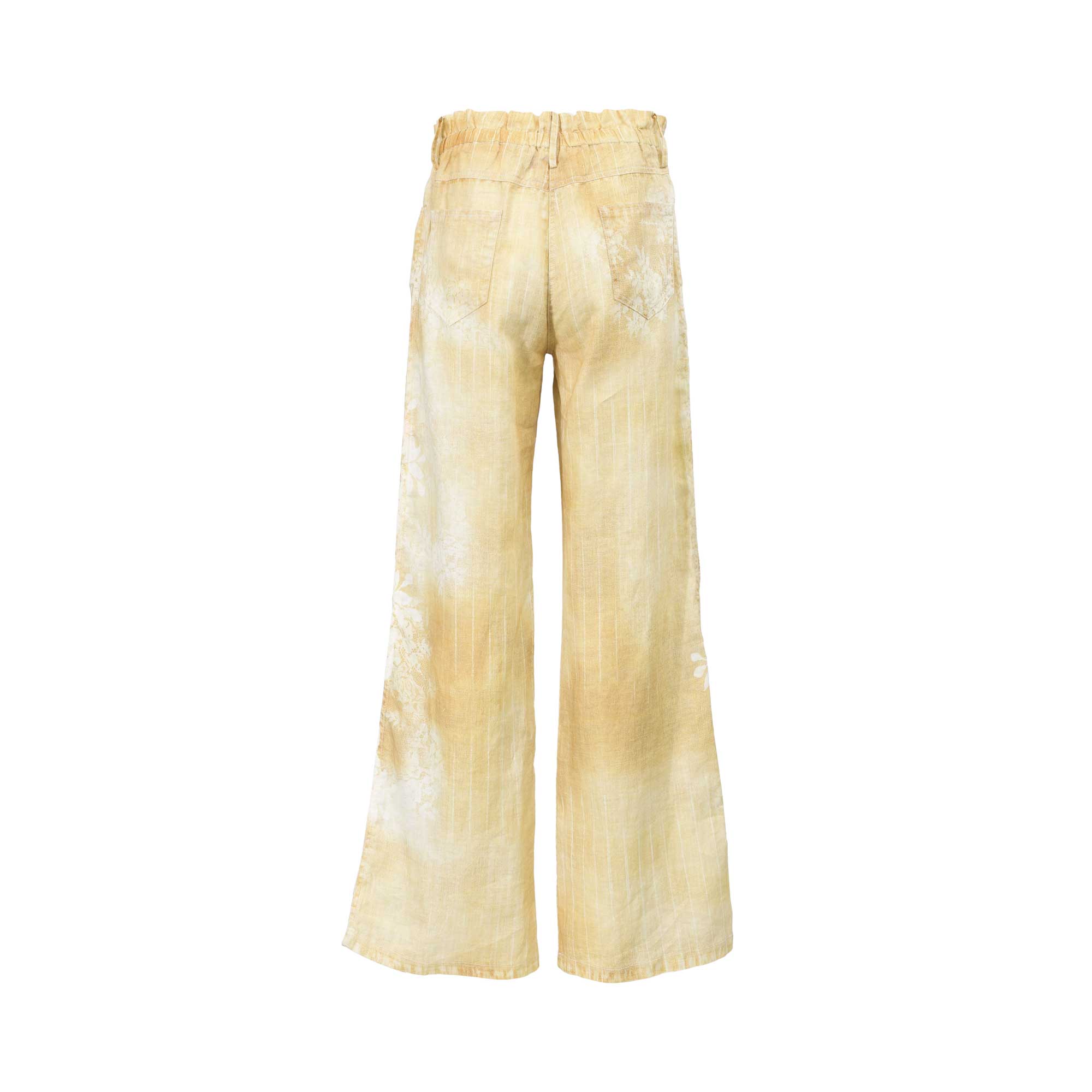 Rear view of the Ermanno Firenze floral linen trousers showing the high elasticized paperbag waist and patch pockets, from BLUE SALON.