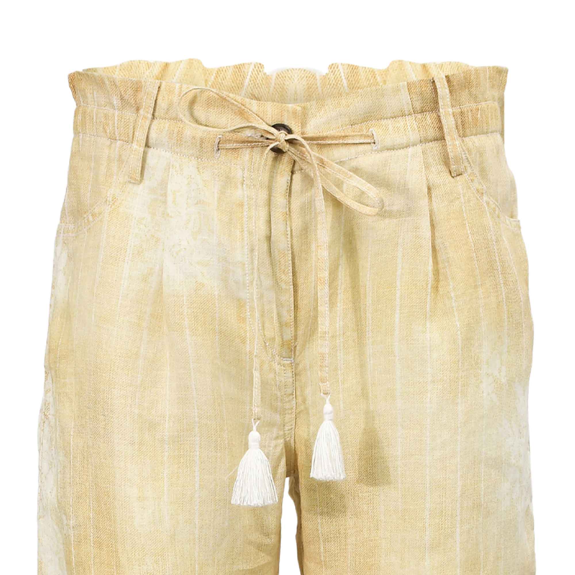 Close-up view of the ruffled paperbag waistband, pinstripe linen texture, and white tassel drawstring on the Ermanno Firenze trousers at BLUE SALON.