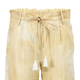 Close-up view of the ruffled paperbag waistband, pinstripe linen texture, and white tassel drawstring on the Ermanno Firenze trousers at BLUE SALON.