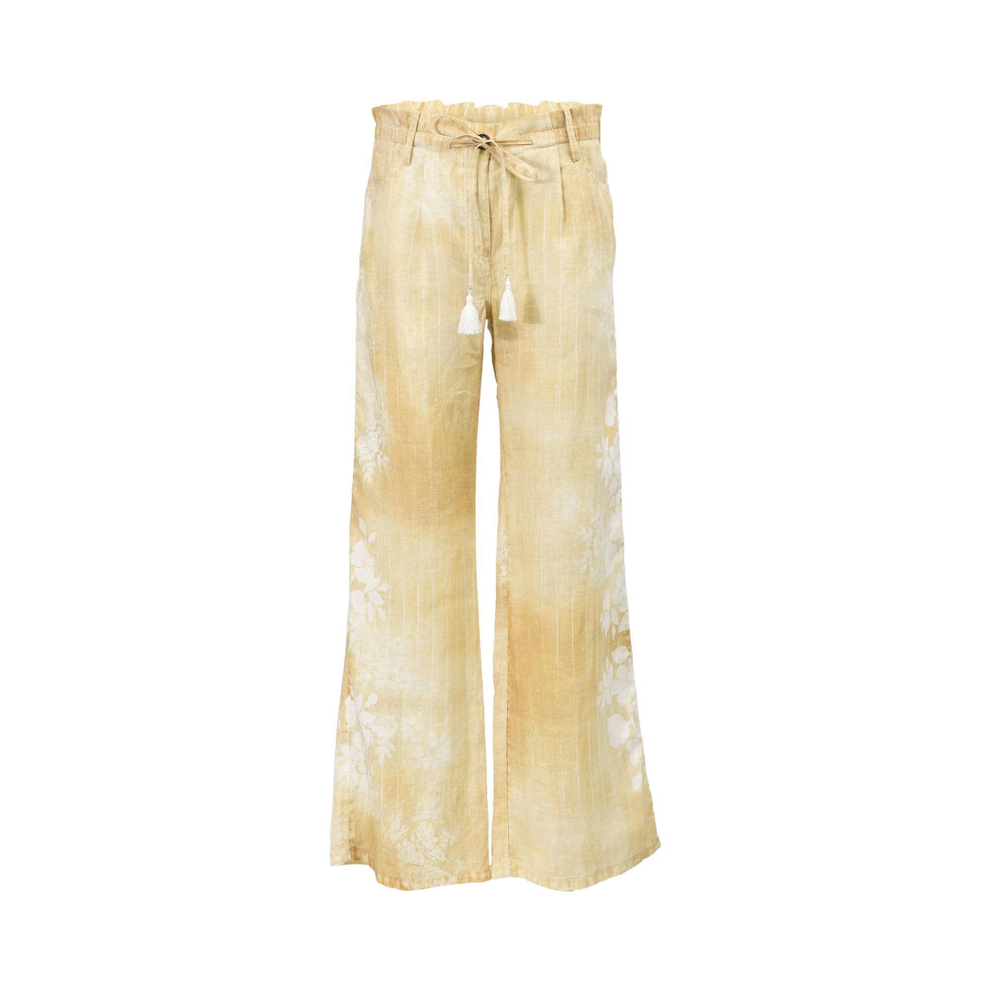 Front view of the Ermanno Firenze yellow and beige wide-leg floral linen trousers with a tassel drawstring, available at BLUE SALON.