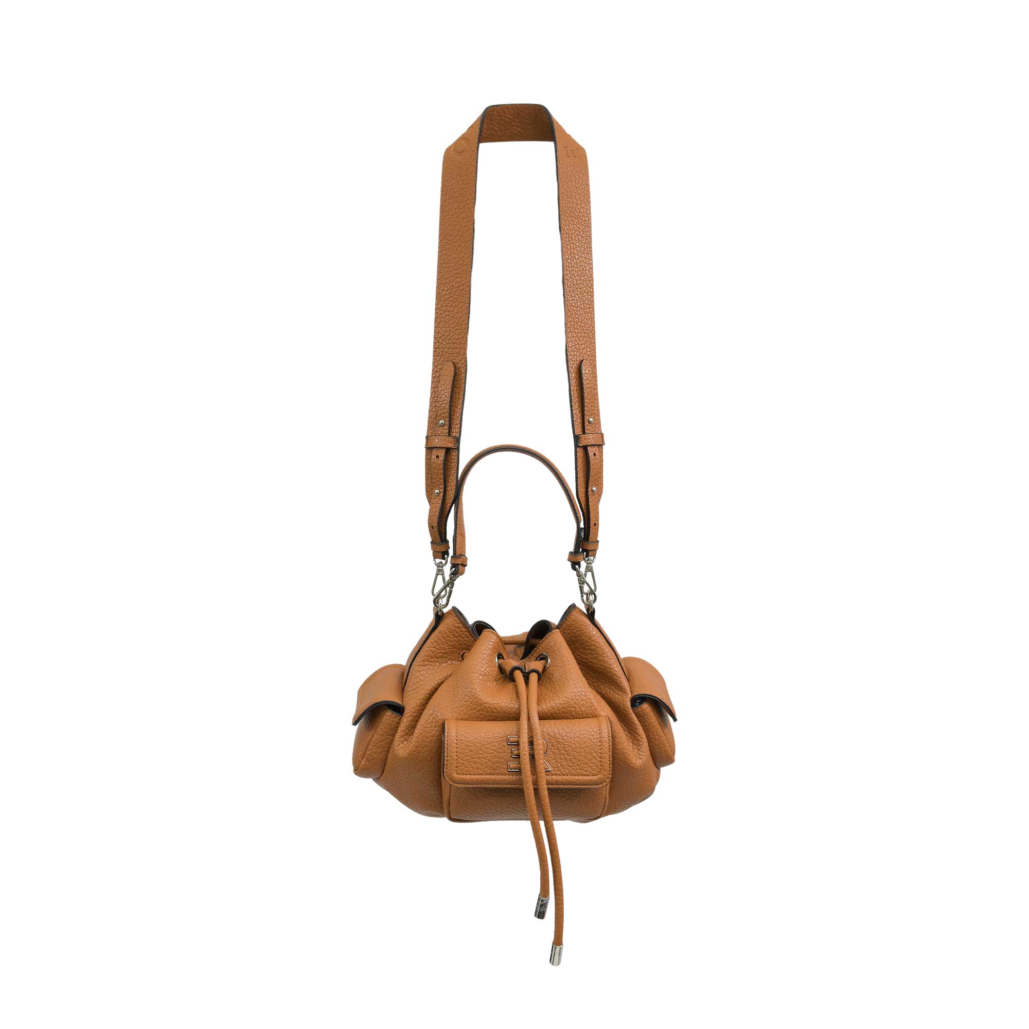 Full hanging view of the Ermanno Firenze tan multi-pocket bucket bag from BLUE SALON, suspended vertically by its wide, adjustable leather shoulder strap against a white background.