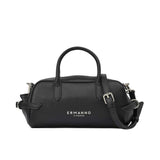 Direct studio front view of the black Ermanno Firenze grained leather Boston bag from the BLUE SALON shop, showcasing the silver foil logo and dual top handles.