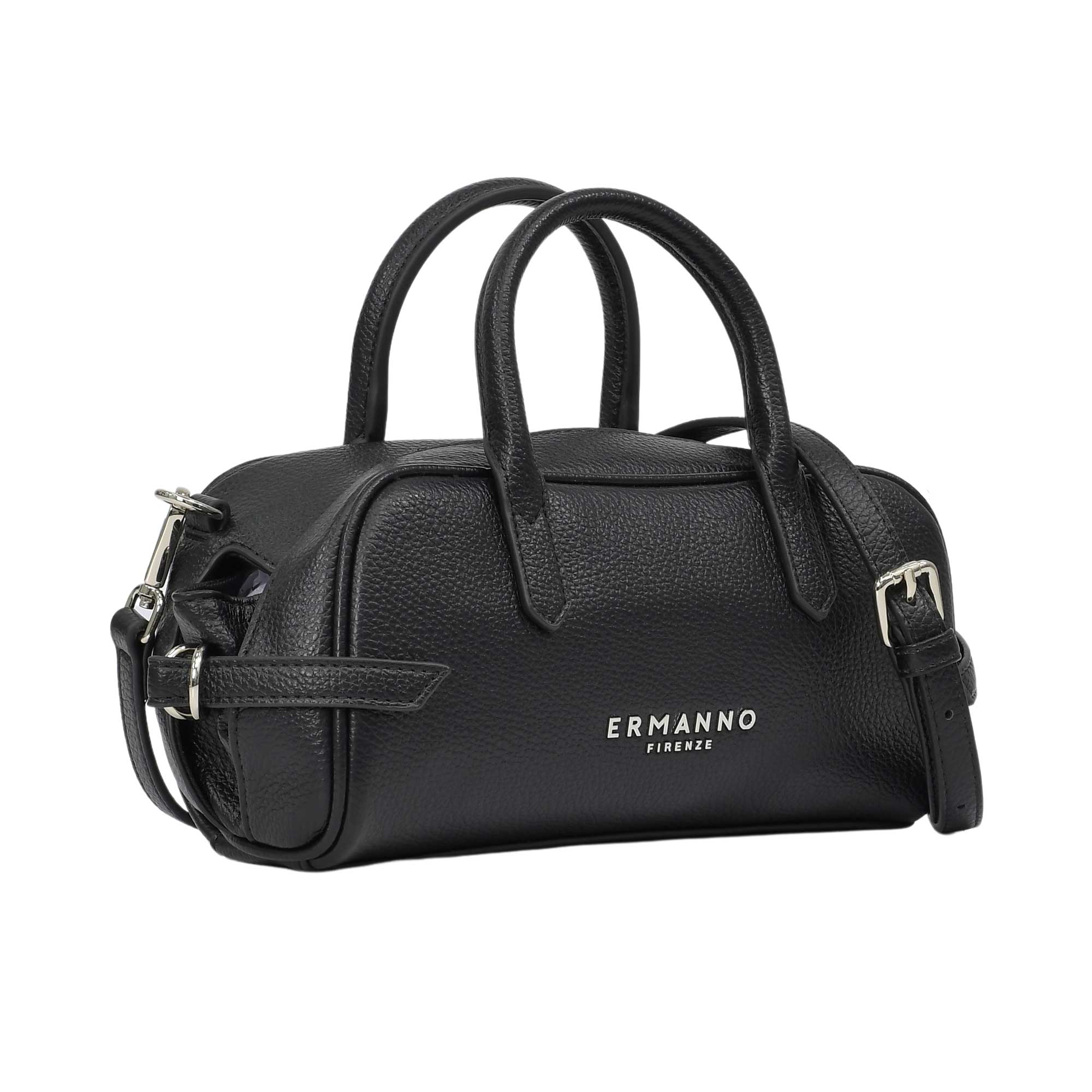 Three-quarter angled studio shot of the Ermanno Firenze black barrel handbag at BLUE SALON, highlighting the rich pebbled texture and side buckle details.