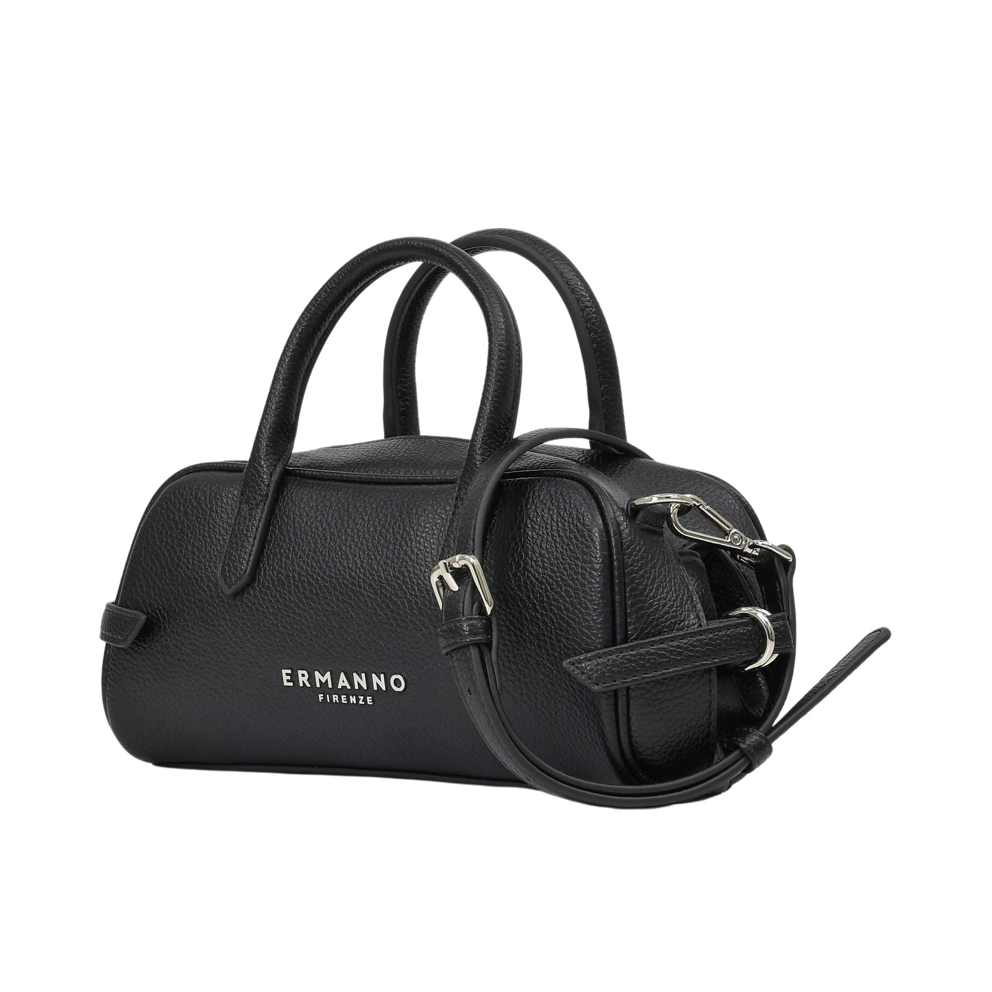 Three-quarter angled studio shot of the Ermanno Firenze black barrel handbag at BLUE SALON, highlighting the rich pebbled texture and side buckle details.