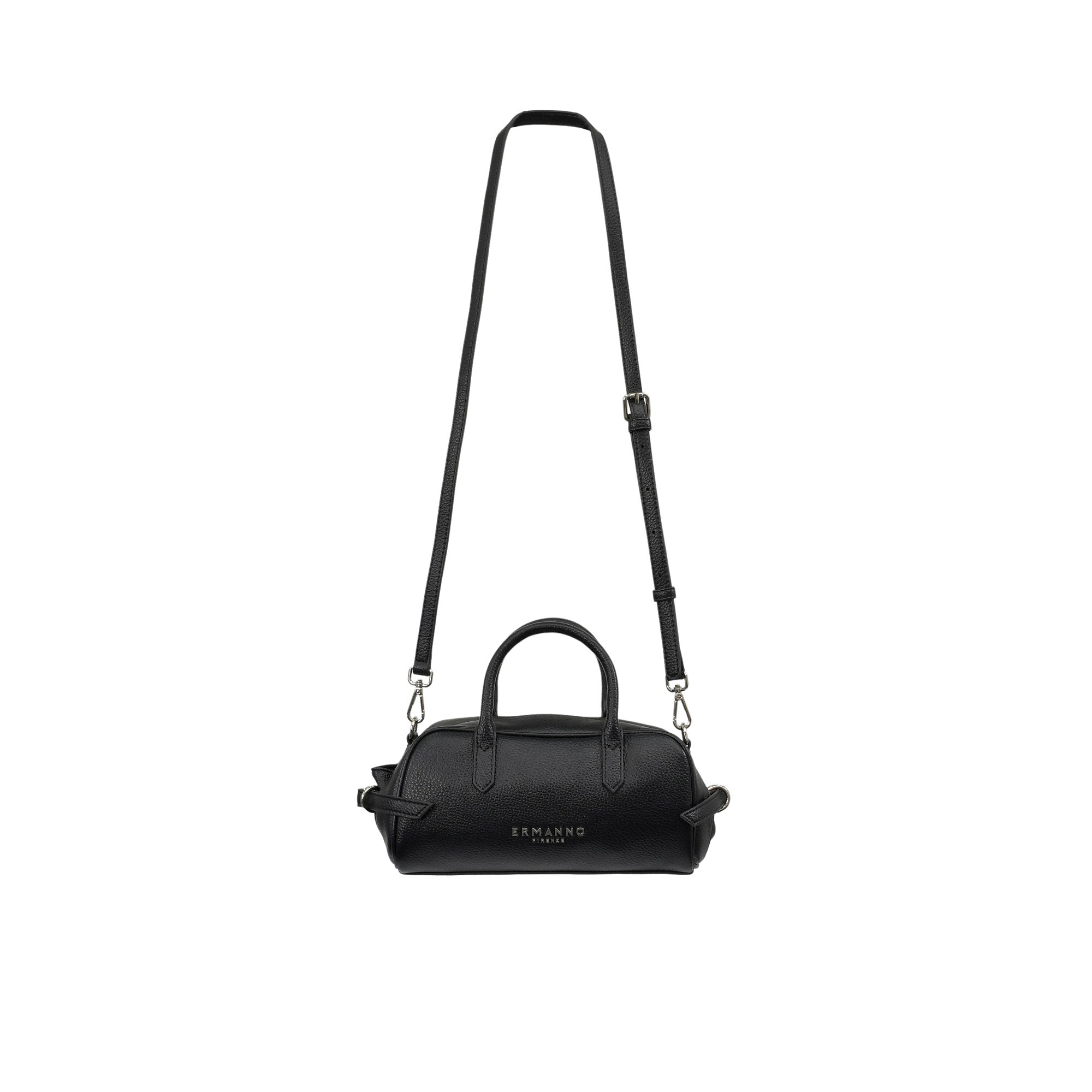 Full hanging view of the Ermanno Firenze black leather Boston bag at BLUE SALON, suspended vertically by its slim, adjustable shoulder strap against a plain white background.