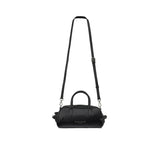 Full hanging view of the Ermanno Firenze black leather Boston bag at BLUE SALON, suspended vertically by its slim, adjustable shoulder strap against a plain white background.