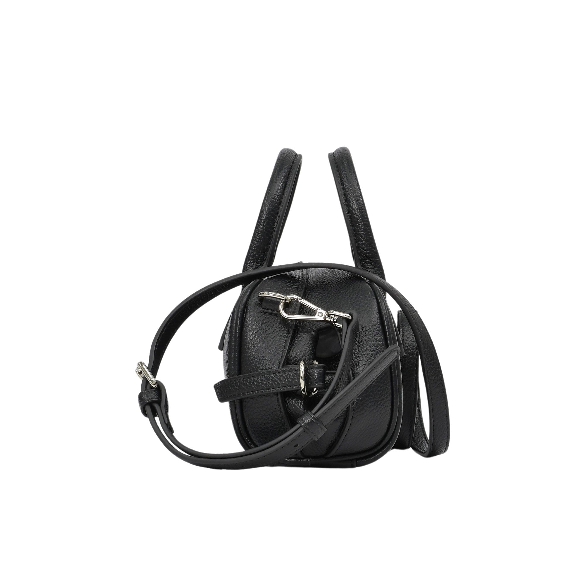 Profile side view of the Ermanno Firenze black grained handbag from BLUE SALON, detailing the side cinch-strap design and the silver-toned shoulder strap attachment.