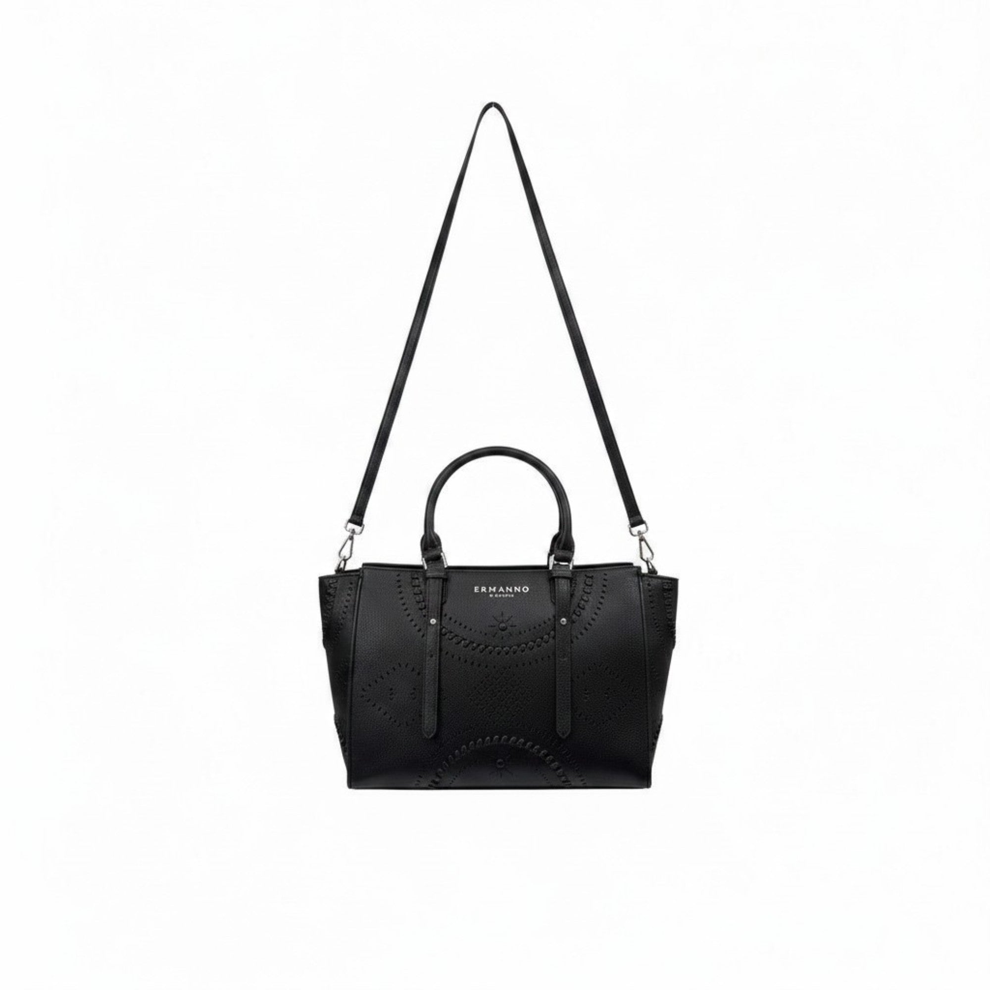 Full front view of the Ermanno Firenze black tote bag from BLUE SALON hanging from its long, adjustable crossbody strap against a clean white backdrop.