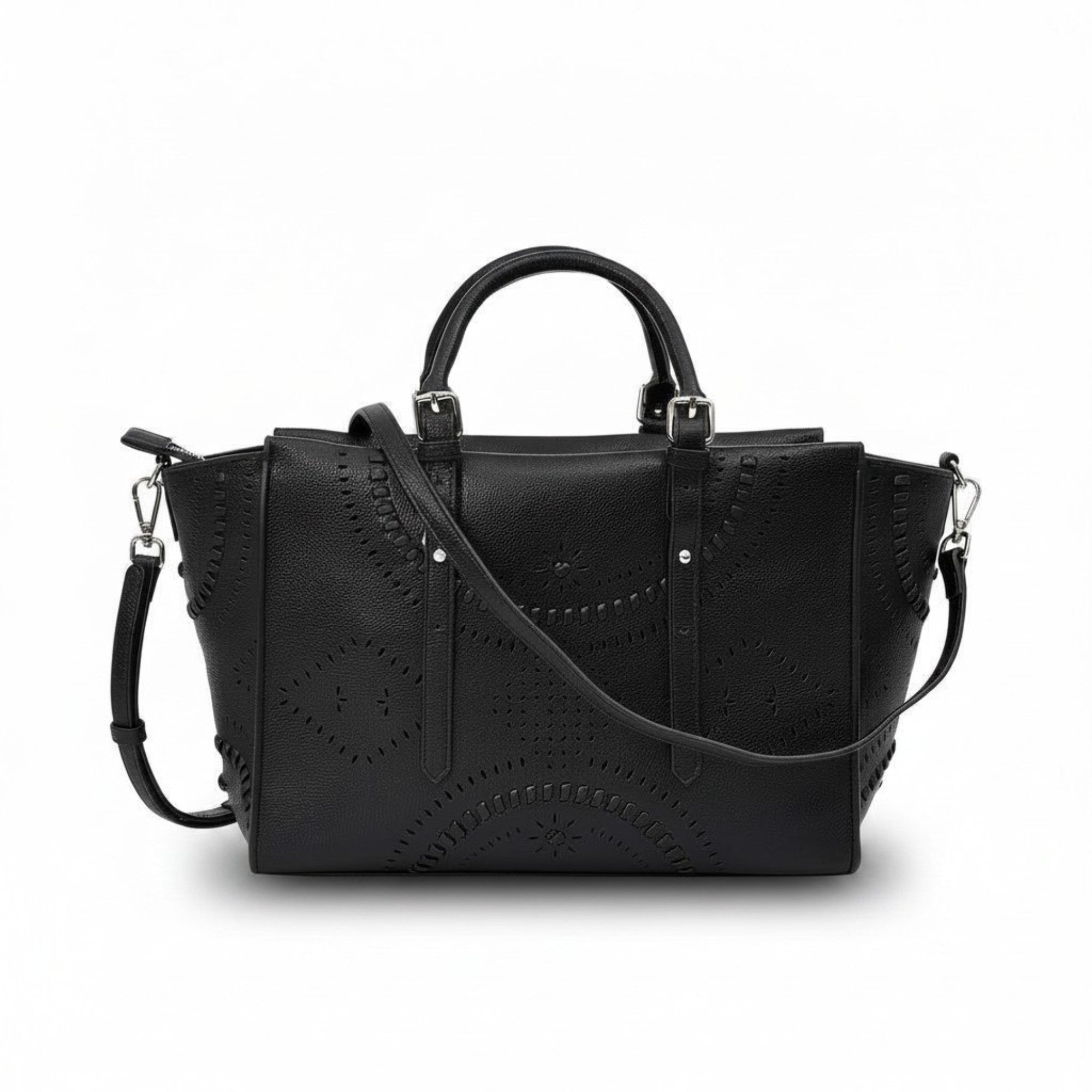 Black handbag with detailed cut-out design on a white background.