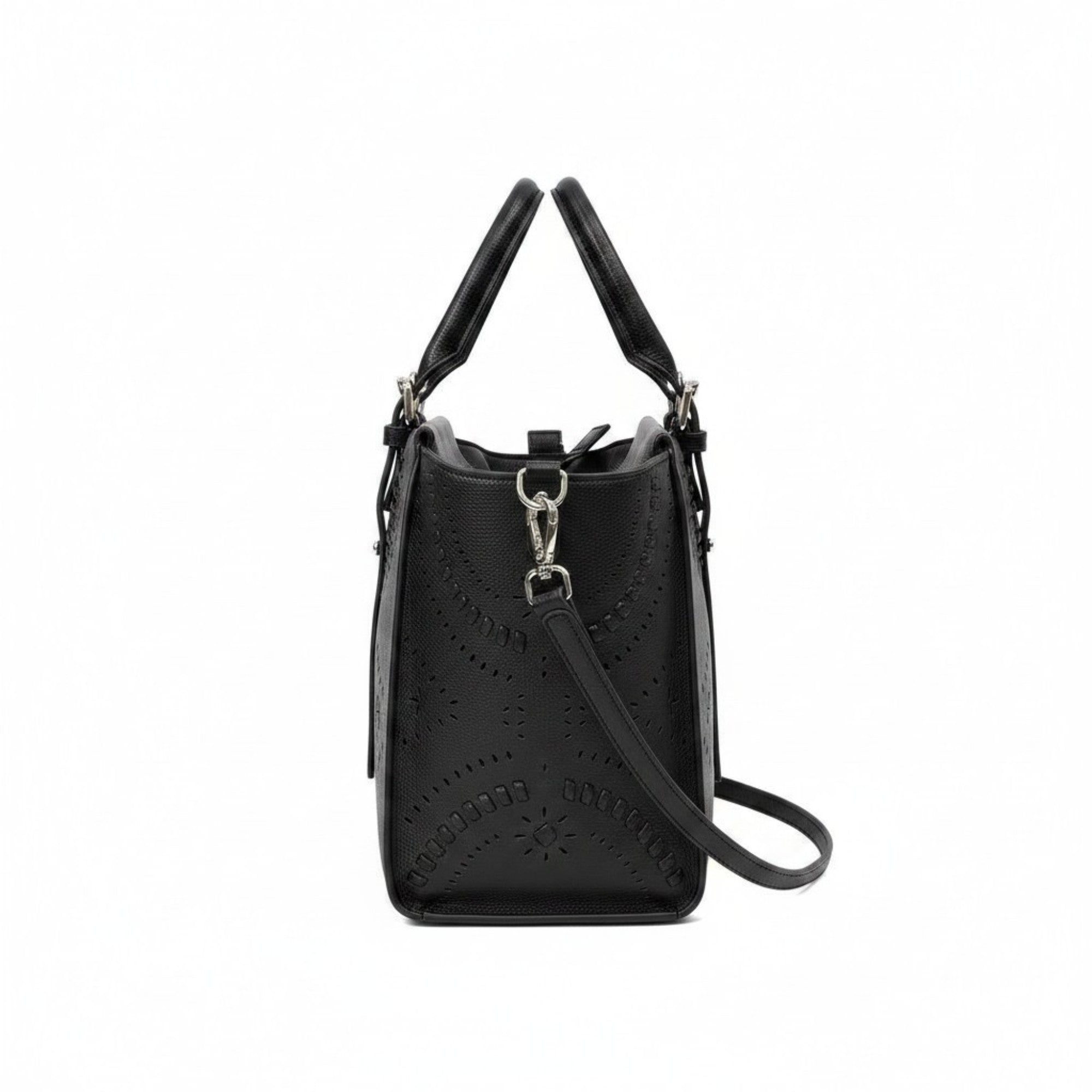 Side profile view of the black Ermanno Firenze tote bag at BLUE SALON, showcasing the depth, side perforated patterns, and silver hardware attachment for the shoulder strap.