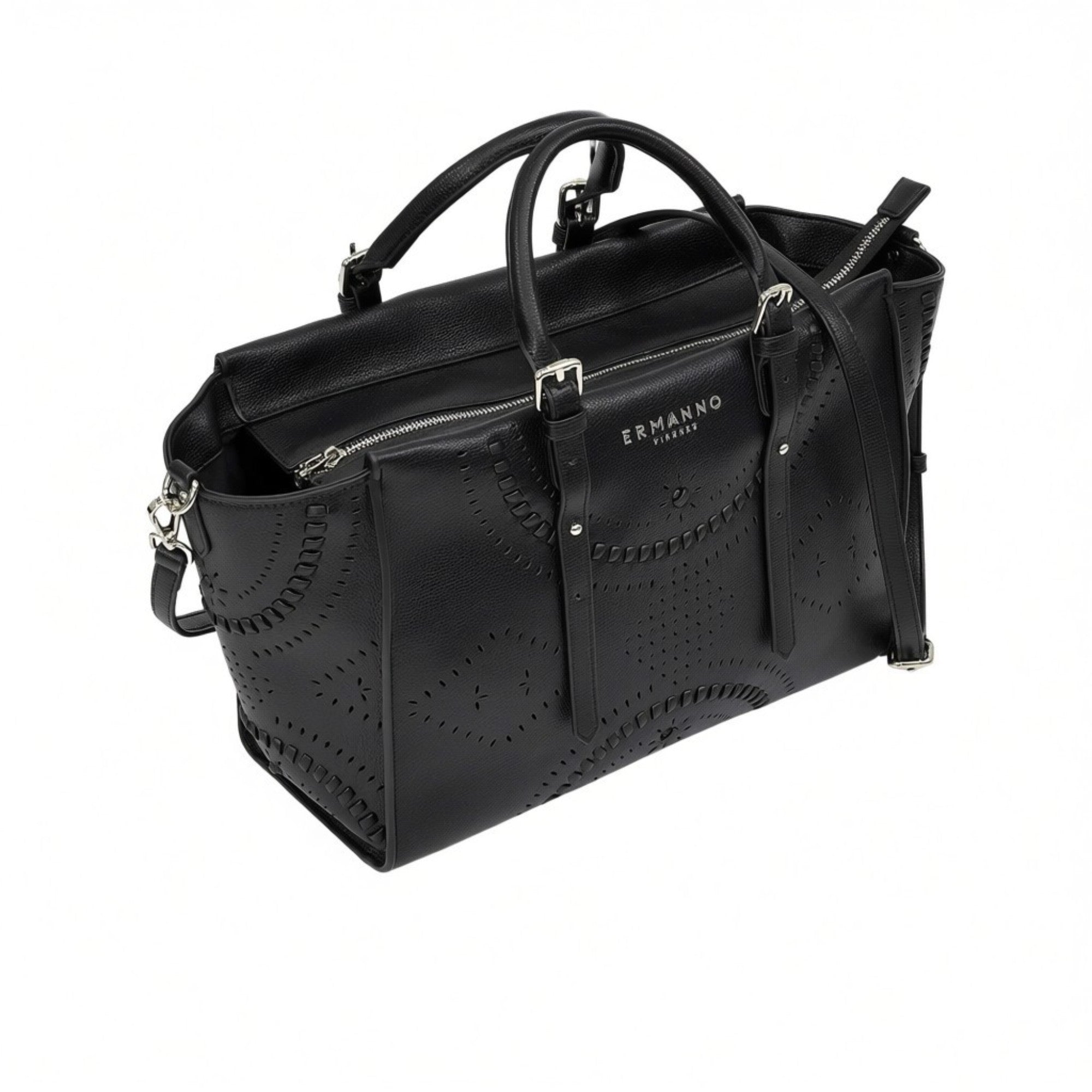 Black leather handbag with detailed design on a white background.