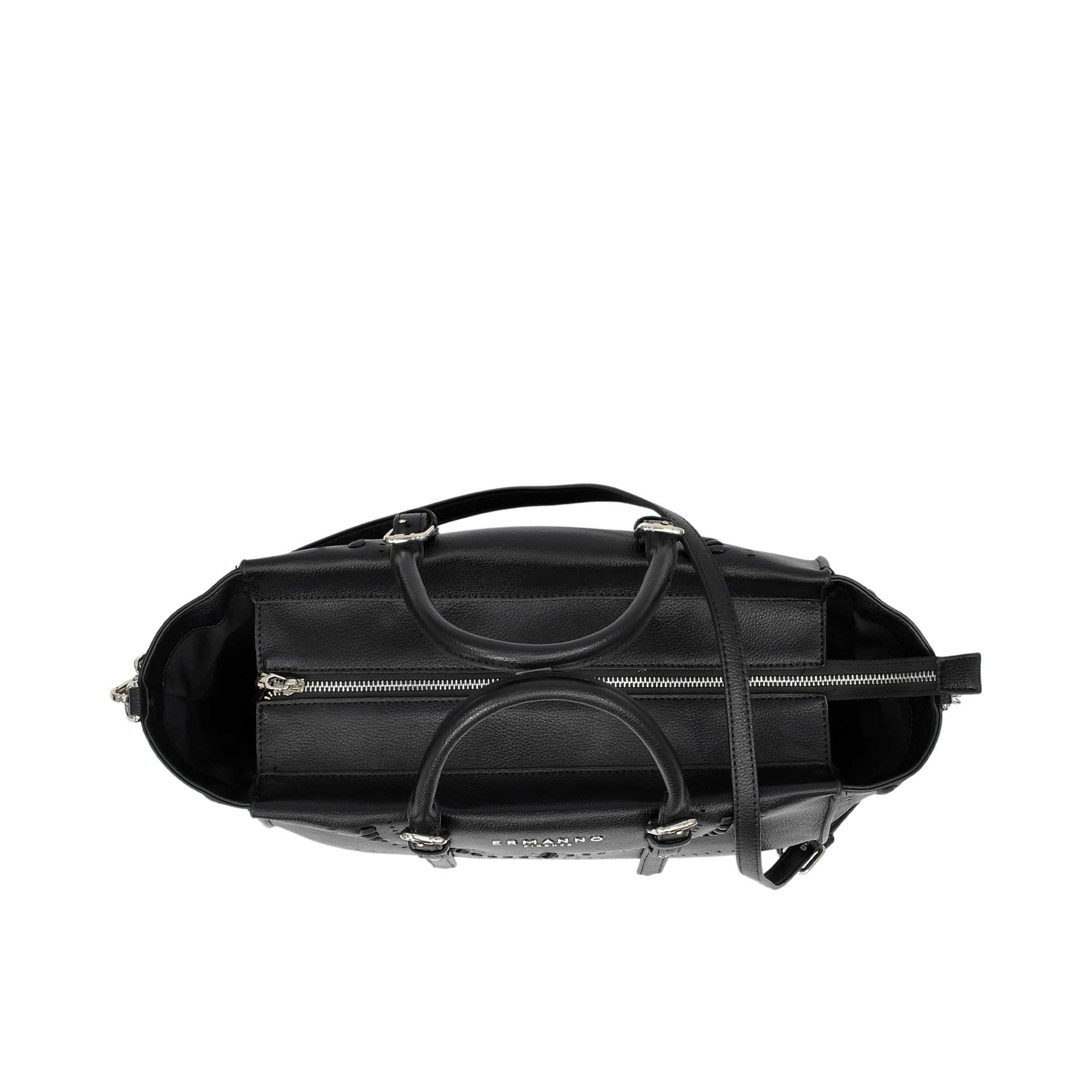 Black duffel bag with visible brand name on a white background.