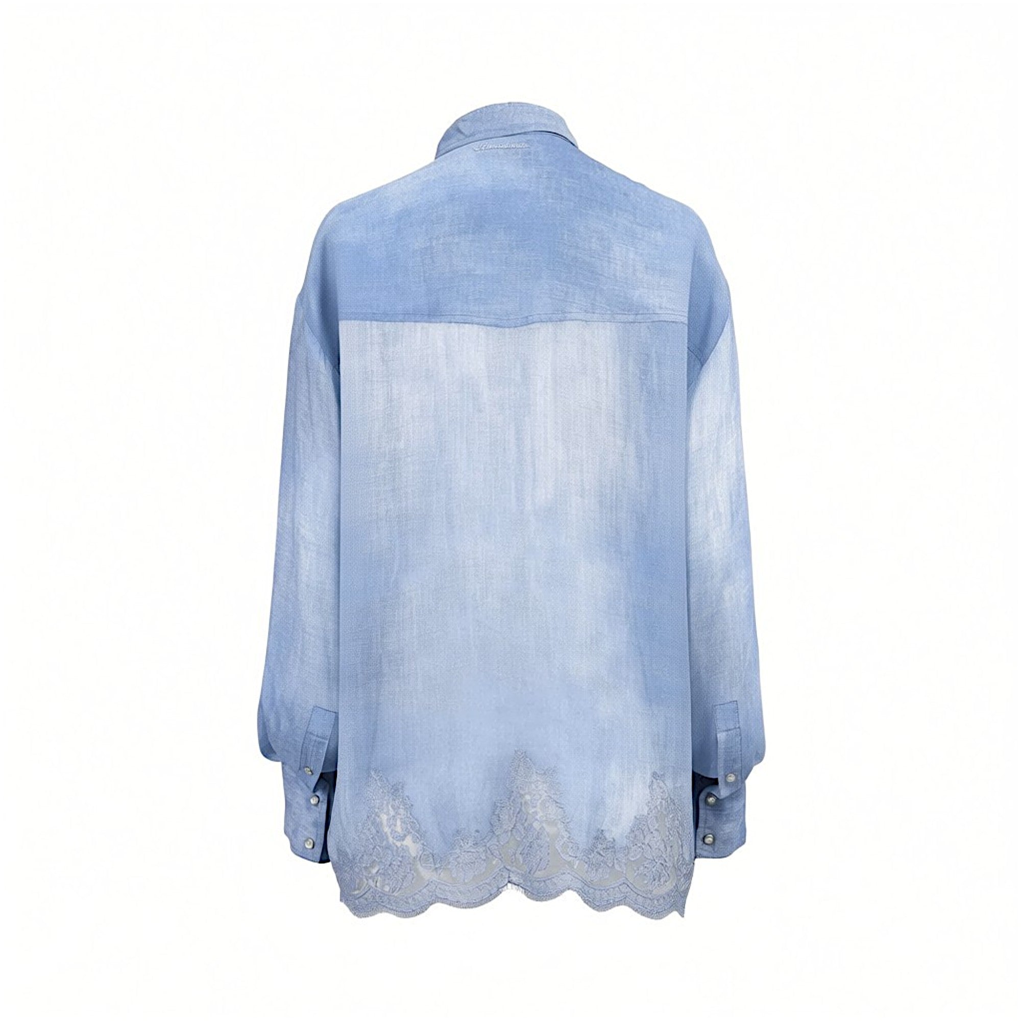 Rear studio view of the Ermanno Firenze blue chambray shirt showcasing the clean back panel, western yoke detailing, and transparent scalloped lace border.