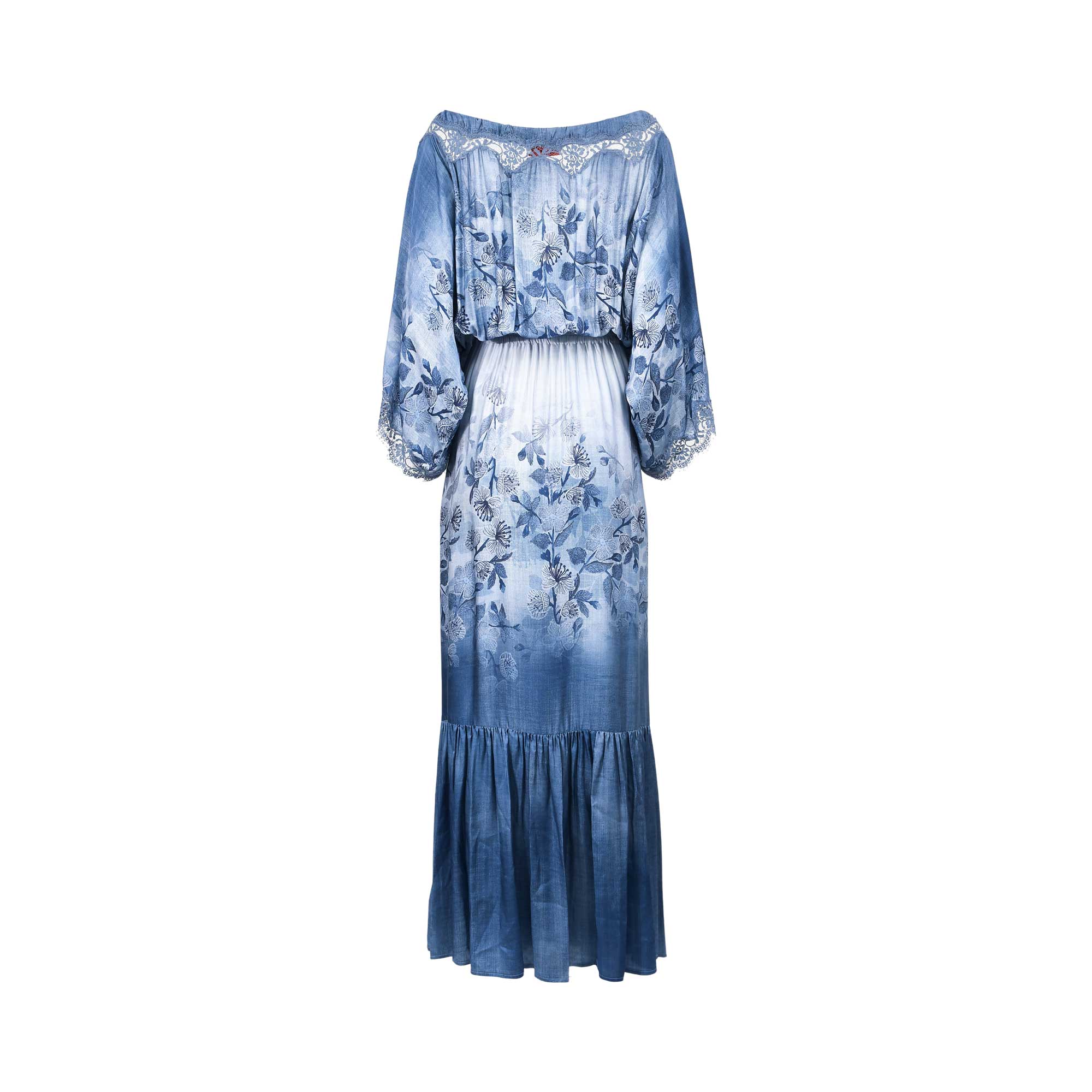 Back view of the Ermanno Firenze blue dip-dyed floral maxi dress showing the continuous pattern, draped blouson back, and lace back panel details, available at BLUE SALON shop.