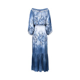 Back view of the Ermanno Firenze blue dip-dyed floral maxi dress showing the continuous pattern, draped blouson back, and lace back panel details, available at BLUE SALON shop.