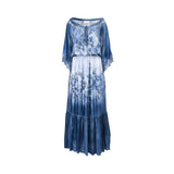 Front view of an Ermanno Firenze maxi dress featuring a blue and white ombré floral print, lace-trimmed wide neckline, and an elastic waist from BLUE SALON shop.