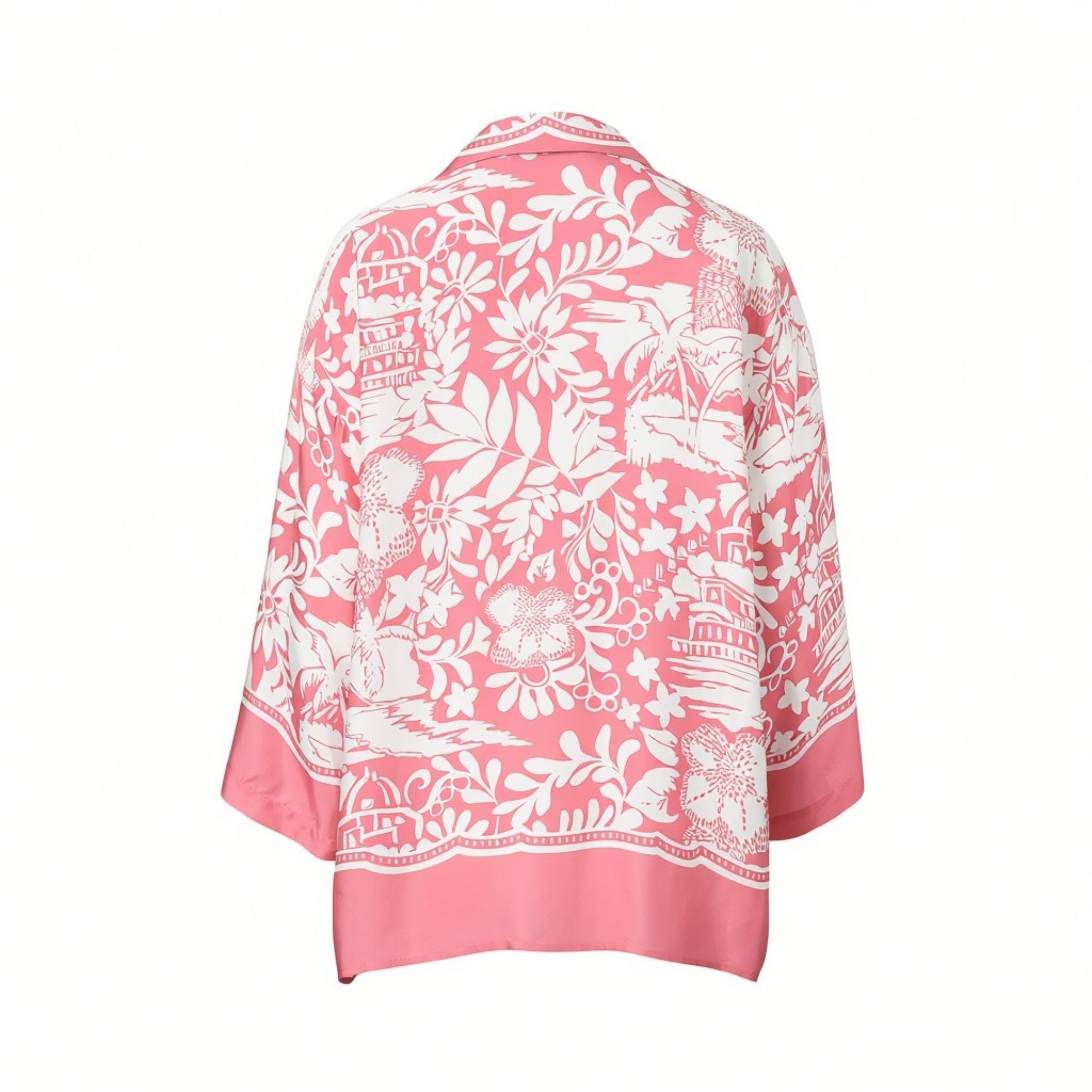Rear studio view of the Ermanno Firenze rose pink patterned resort shirt highlighting the fluid drape of the fabric and the solid pink hem trim from BLUE SALON shop.