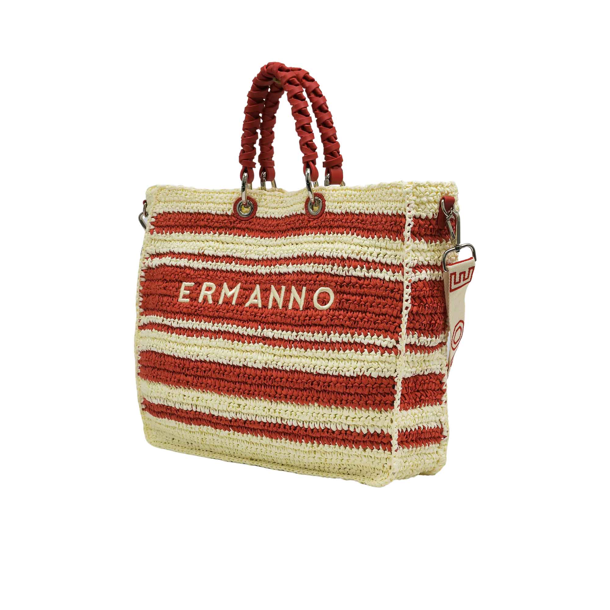 Three-quarter angled view of the Ermanno Firenze striped woven handbag at BLUE SALON, showcasing the structured side depth and attached canvas shoulder strap.