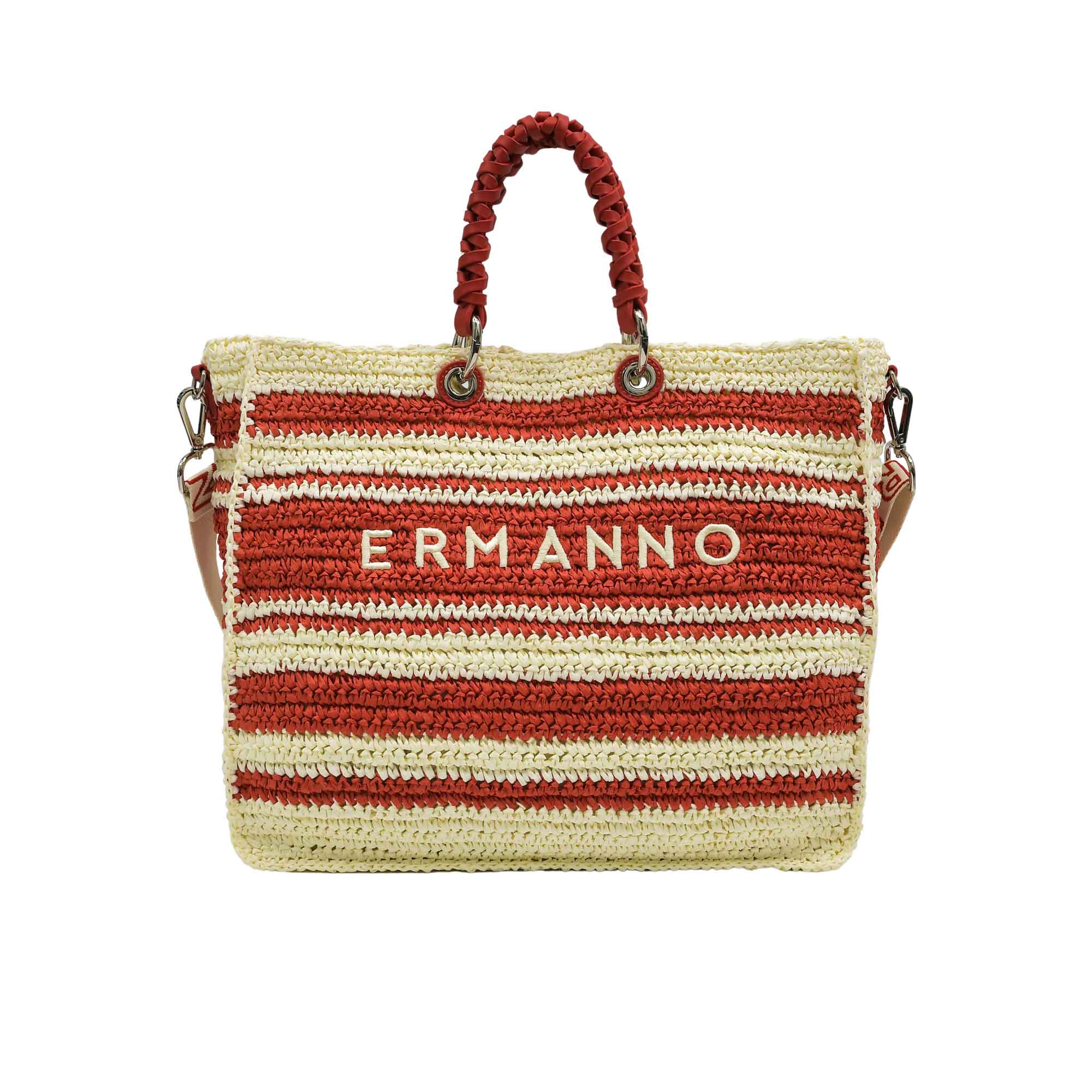 Direct studio front view of the Ermanno Firenze red and cream horizontal striped tote bag from the BLUE SALON shop, featuring central embroidered branding and braided red handles.