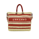 Direct studio front view of the Ermanno Firenze red and cream horizontal striped tote bag from the BLUE SALON shop, featuring central embroidered branding and braided red handles.