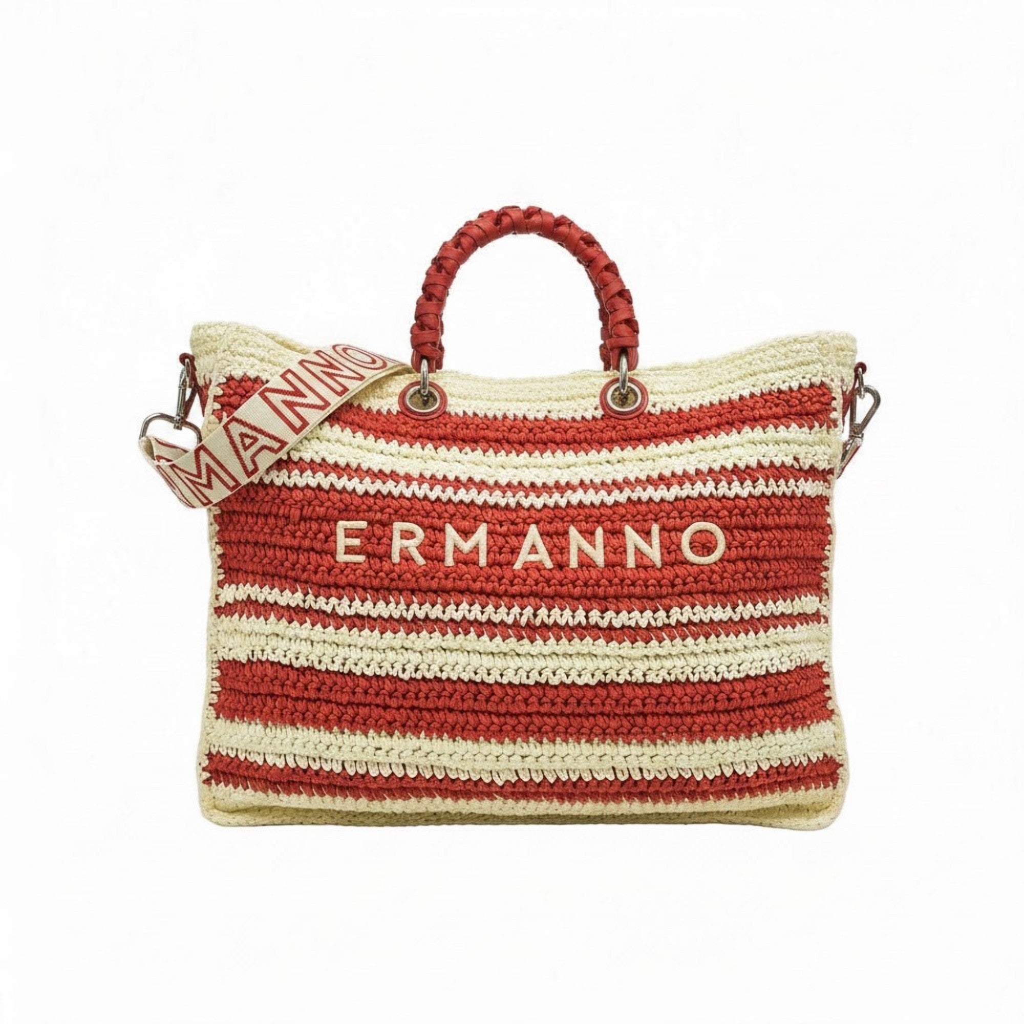 Symmetrical front shot of the Ermanno Firenze striped tote bag at BLUE SALON with its contrast-branded textile shoulder strap casually draped over the side on a white background.