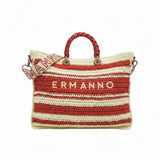 Symmetrical front shot of the Ermanno Firenze striped tote bag at BLUE SALON with its contrast-branded textile shoulder strap casually draped over the side on a white background.
