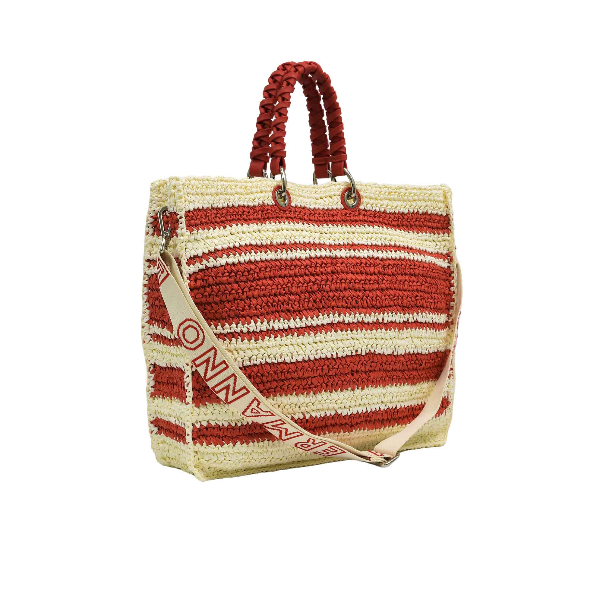 Red and beige striped bag with a visible brand logo on a white background.