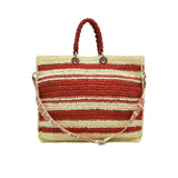 Striped red and beige handbag with a shoulder strap on a white background.