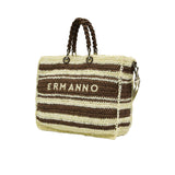 Right three-quarter view of the Ermanno Firenze brown and cream bag at BLUE SALON, showcasing the depth of the tote and the wide, cream-colored logo canvas shoulder strap.