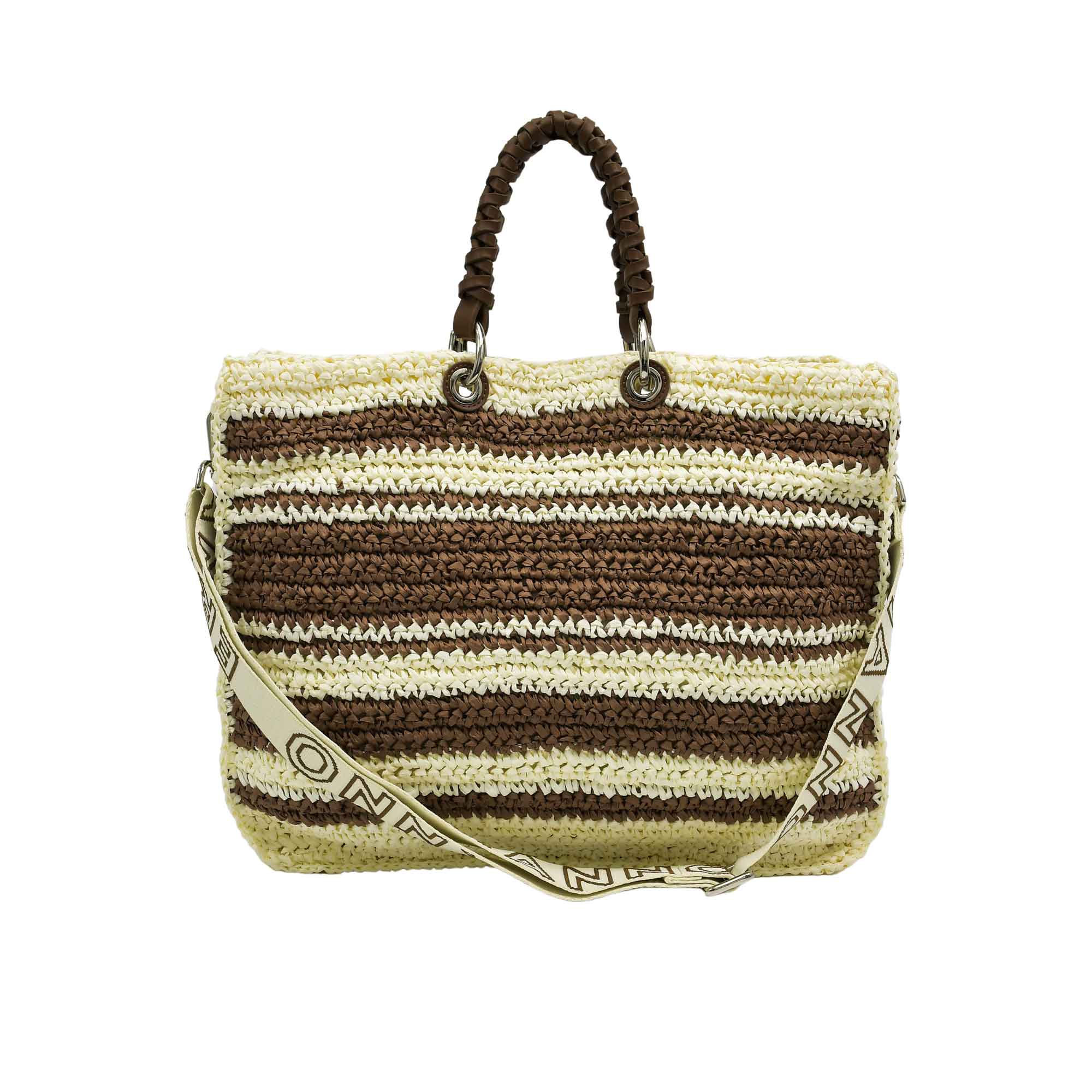 Direct rear view of the Ermanno Firenze striped knit tote bag at BLUE SALON, detailing the continuous horizontal chocolate and cream pattern and the lowered shoulder strap.