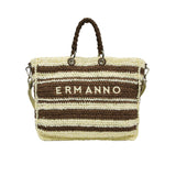 Front view of the Ermanno Firenze tote bag from BLUE SALON with the statement canvas shoulder strap loosely draped over the top handles against a white background.
