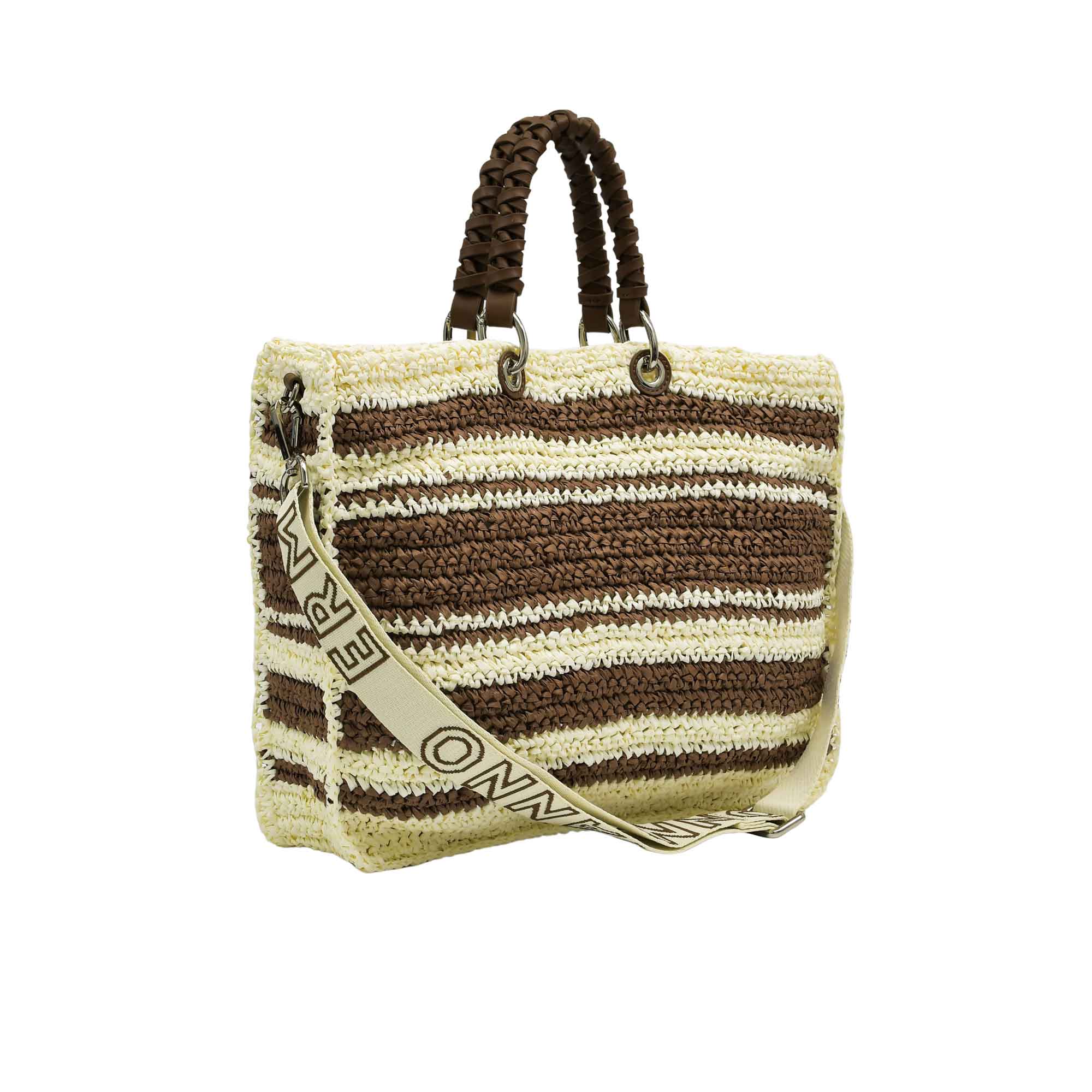 Left angled studio portrait of the Ermanno Firenze woven tote from BLUE SALON, highlighting the seamless striped alignment along the side seams and the textured weave.