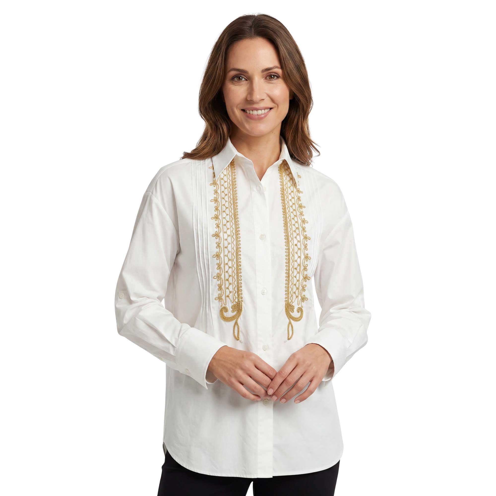 Woman wearing a white blouse with gold embroidery on a white background.
