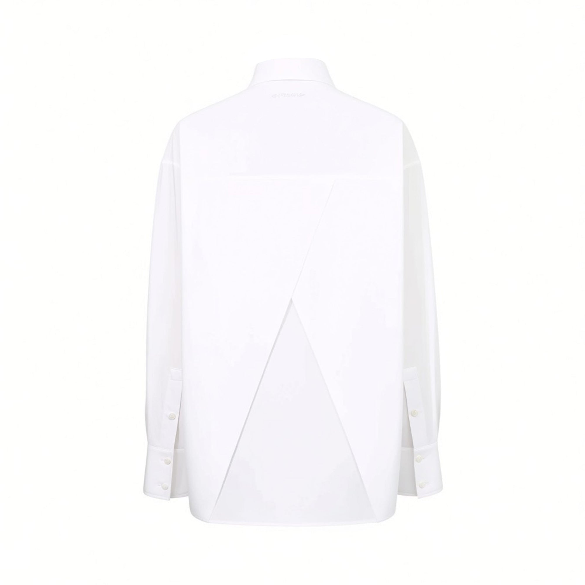 Back view of the Ermanno Firenze white shirt highlighting the contemporary inverted-V overlapping split back panel, available at BLUE SALON shop.