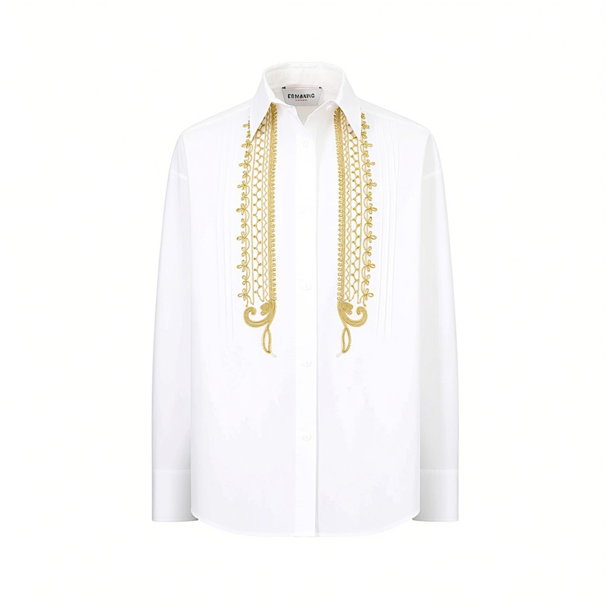 Front view of an Ermanno Firenze white button-down shirt featuring ornate vertical gold embroidery and fine tuxedo pleats from BLUE SALON shop.