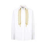 Front view of an Ermanno Firenze white button-down shirt featuring ornate vertical gold embroidery and fine tuxedo pleats from BLUE SALON shop.