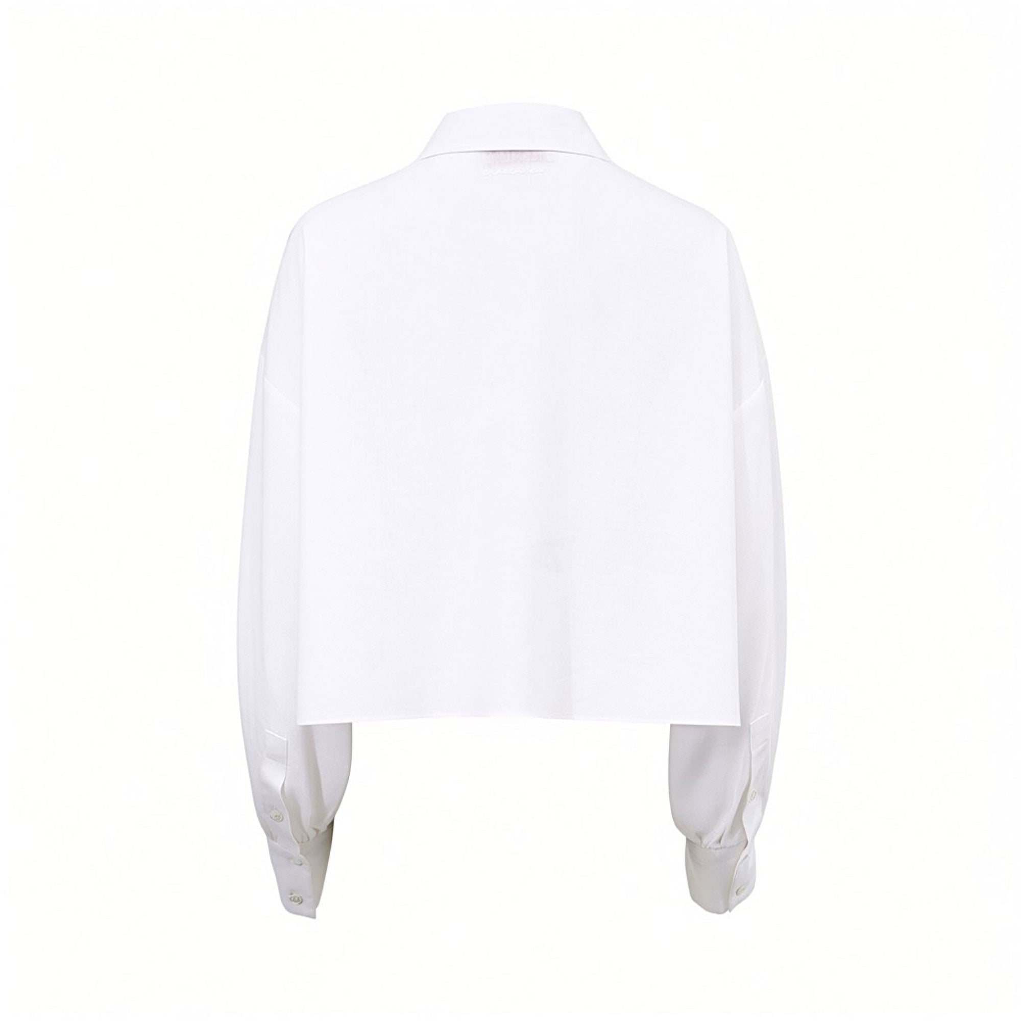 Back view of the Ermanno Firenze cropped white blouse showcasing the clean back panel and draped voluminous sleeves, available at BLUE SALON shop.
