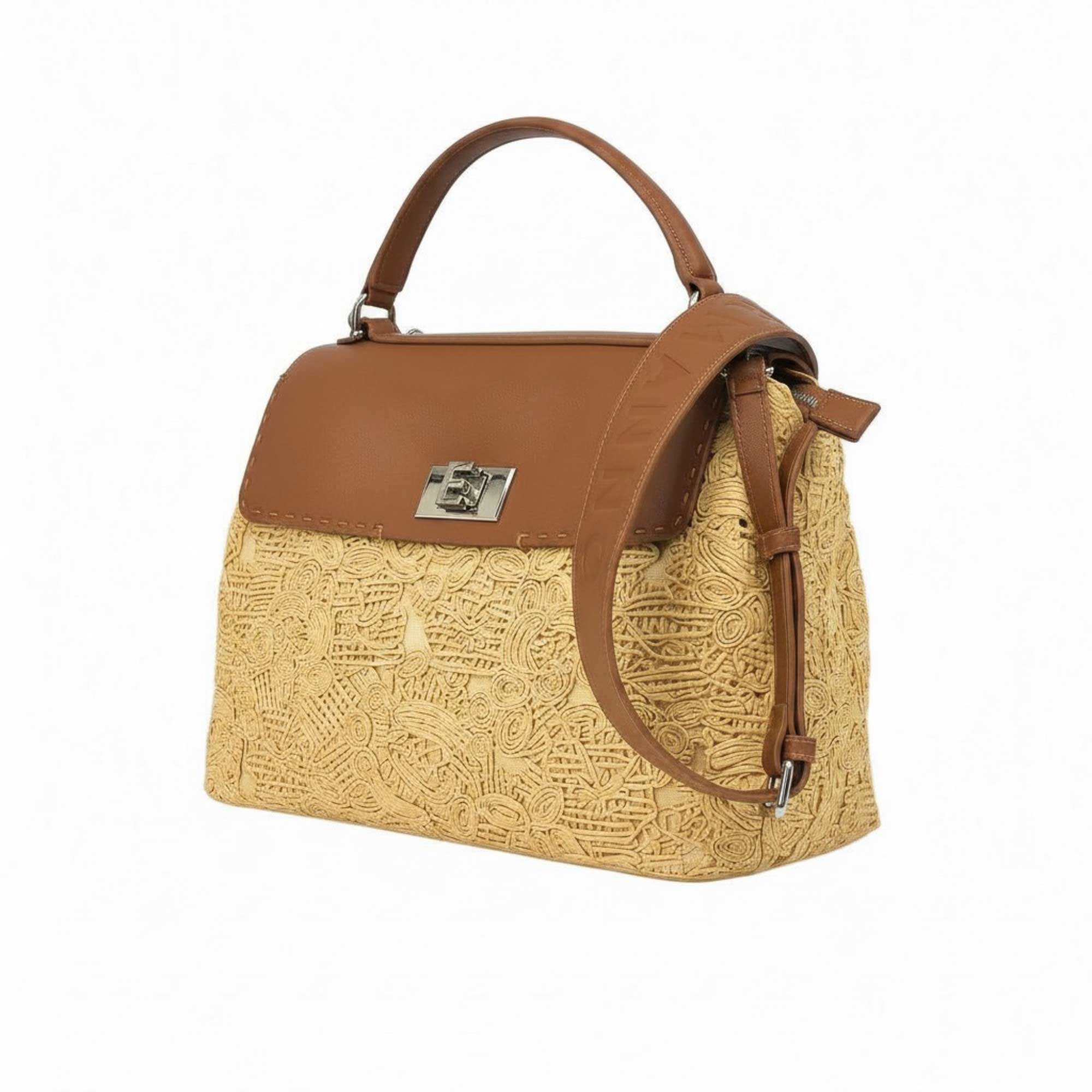 Left angled view of the Ermanno Firenze natural and cognac handbag from BLUE SALON, detailing the structured silhouette and the wide logo-debossed leather strap draped over the front.