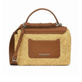 Designer handbag with brown leather accents and 'Ermanno' branding on a white background.
