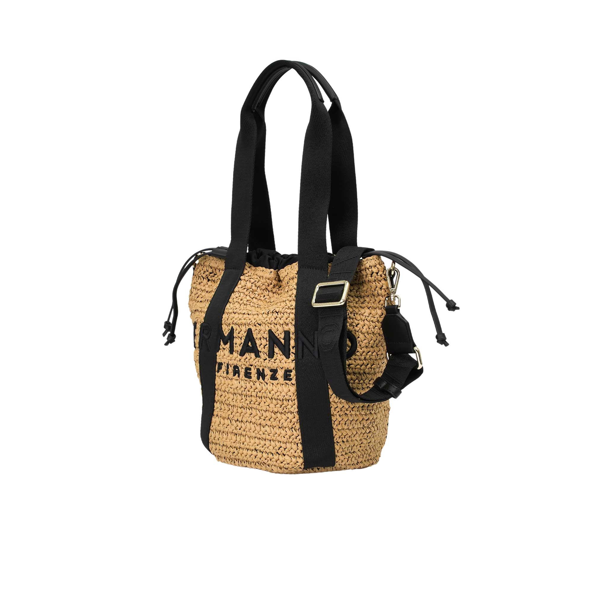 Alternative side-angle studio shot of the Ermanno Firenze woven tote bag from BLUE SALON, showcasing the rich texture of the raffia weave and gold-toned strap hardware.