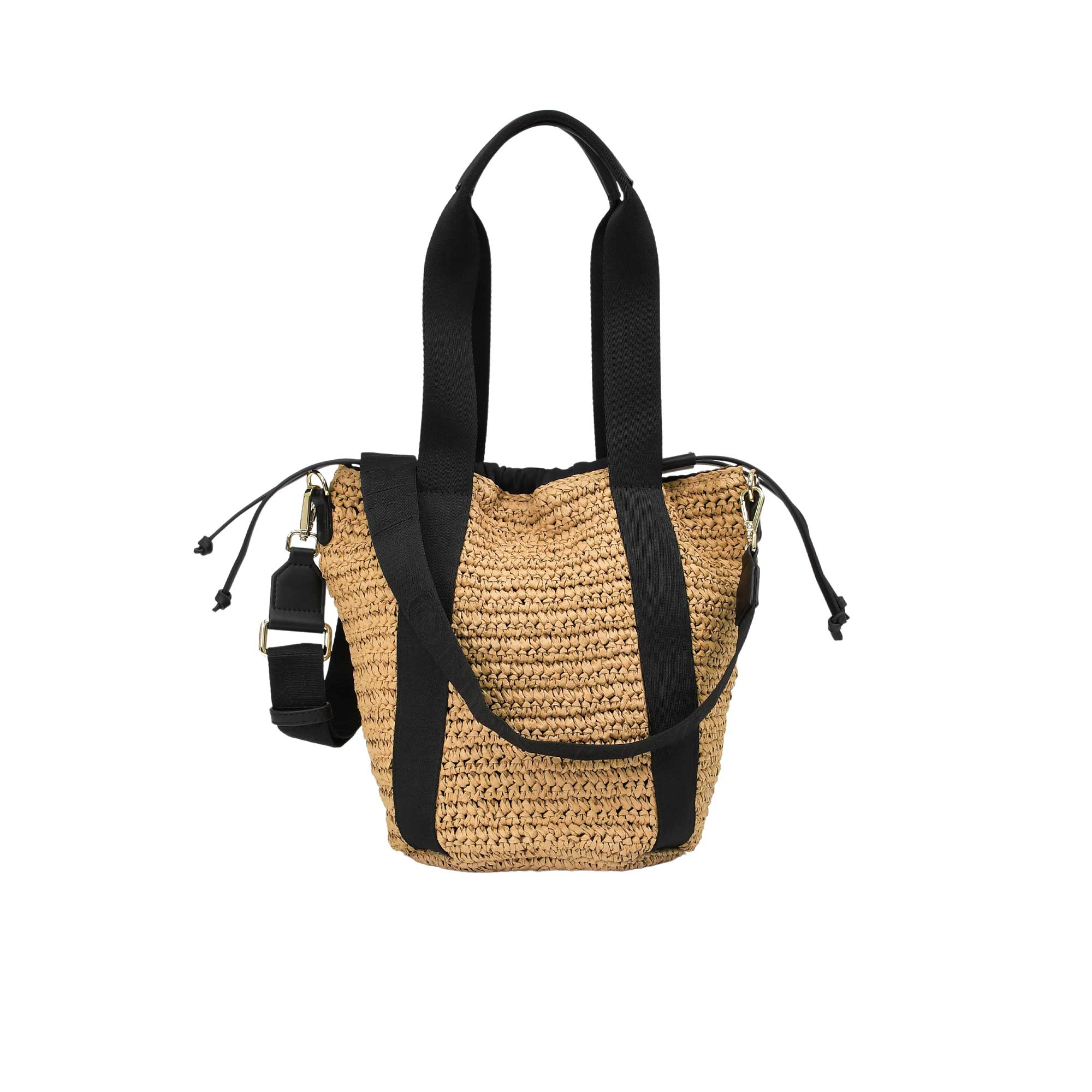 Back view of the Ermanno Firenze natural and black raffia tote bag at BLUE SALON, detailing the continuous vertical canvas straps and clean woven finish.