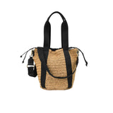 Back view of the Ermanno Firenze natural and black raffia tote bag at BLUE SALON, detailing the continuous vertical canvas straps and clean woven finish.