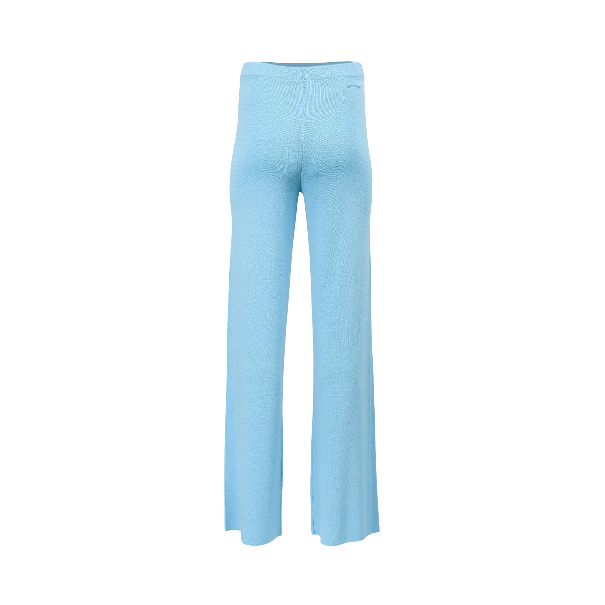 Back view of Ermanno sky blue knit wide-leg pants highlighting the soft texture and minimal designer branding near the waist, available at BLUE SALON shop.