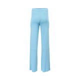 Back view of Ermanno sky blue knit wide-leg pants highlighting the soft texture and minimal designer branding near the waist, available at BLUE SALON shop.