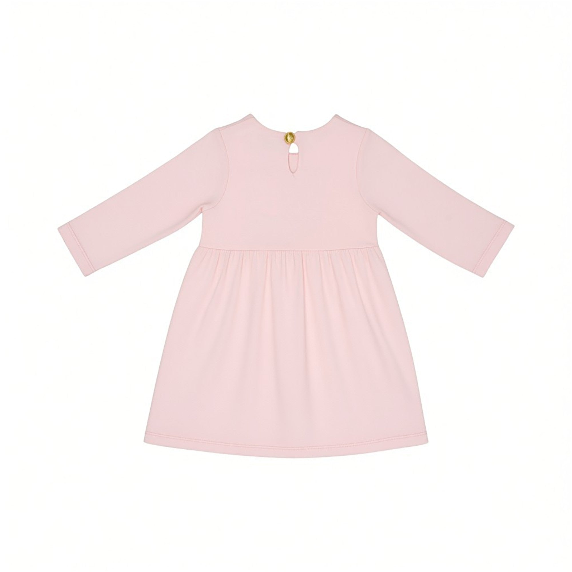 Back view of the Escada Kids girls light pink jersey dress showcasing long sleeves, a high gathered waistline, and a keyhole cutout at the neckline with a single gold button.