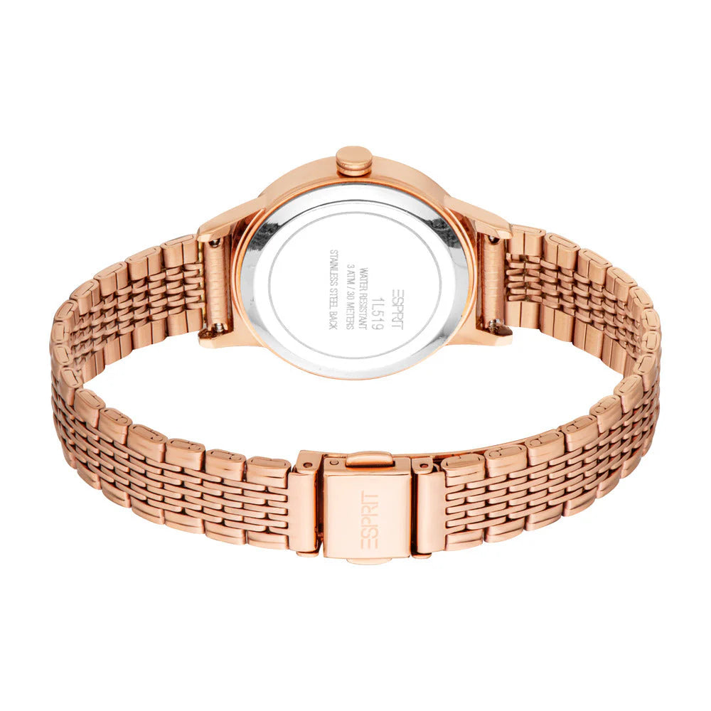 Esprit Violet Women’s Rose Gold Stainless Steel Watch Rose gold watch with mesh band on a white background