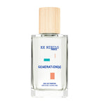 Clear glass bottle of Ex Nihilo Paris Generation(s) Eau de Parfum featuring a minimalist geometric label and a light-grained wooden cap, from blue salon.