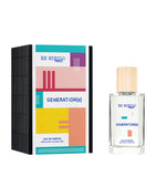 Ex Nihilo Paris Generation(s) alcohol-free Eau de Parfum perfume bottle shown alongside its colorful, geometric abstract-patterned presentation box, available at blue salon.