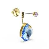 An exploded studio product view of a single Swarovski Gema earring, cleanly demonstrating how the violet crystal stud post slides through the three-position adjustment loop of the gold-plated jacket mechanism.