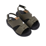 Pair of FARES brand white leather sandals with black soles and adjustable heel straps, featuring a modern geometric cutout design on a white background.
